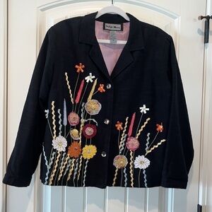 Vintage black floral wearable art blazer jacket sz XL boho hippie mixed media